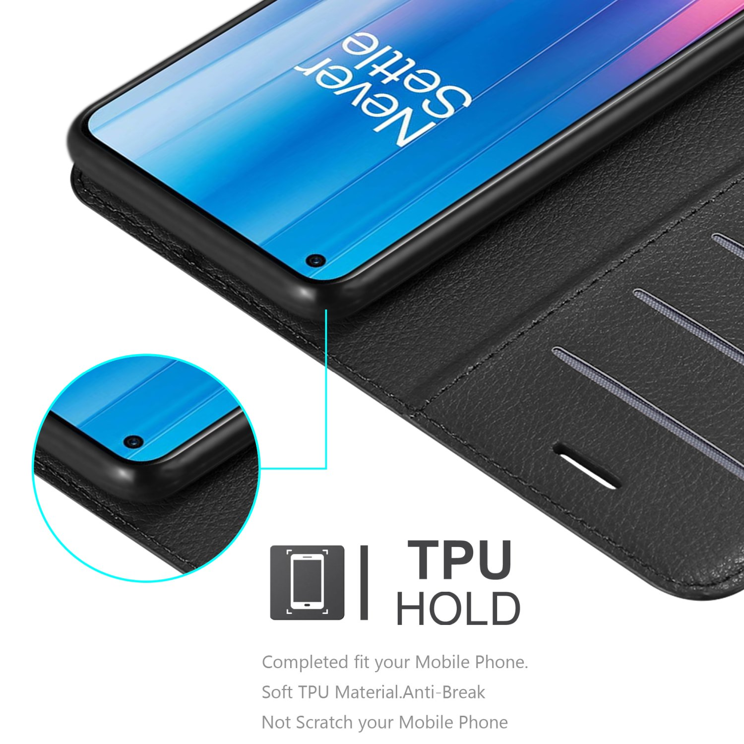 Custodia per telefono nera con un telefono all'interno. Lo schermo del telefono mostra il testo Never Settle. È scritto TPU HOLD.