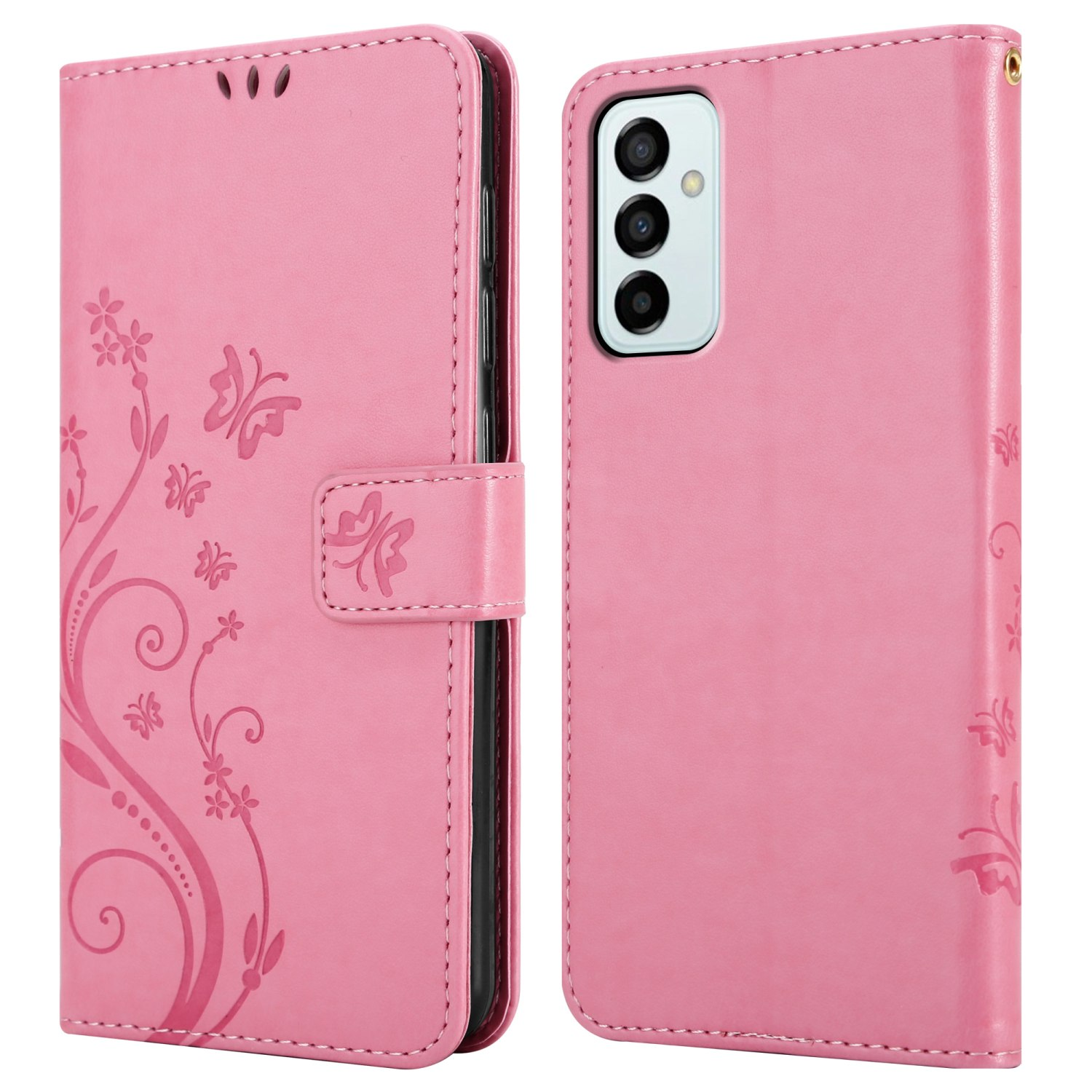 Custodia per telefono rosa con design floreale, impronte di farfalle e chiusura magnetica.