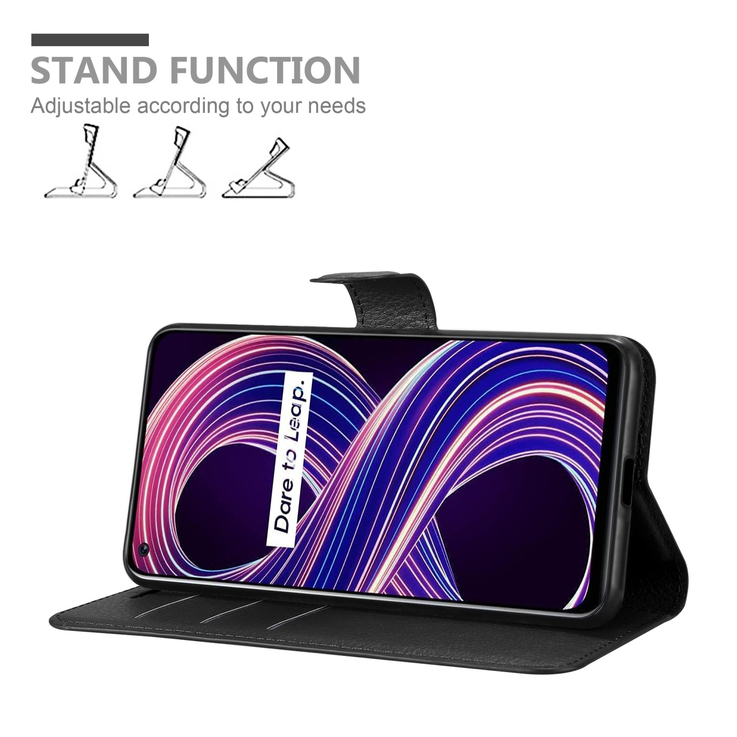 Telefono in custodia nera, in posizione stand. Testo: FUNZIONE STAND. Schermo del telefono visibile.