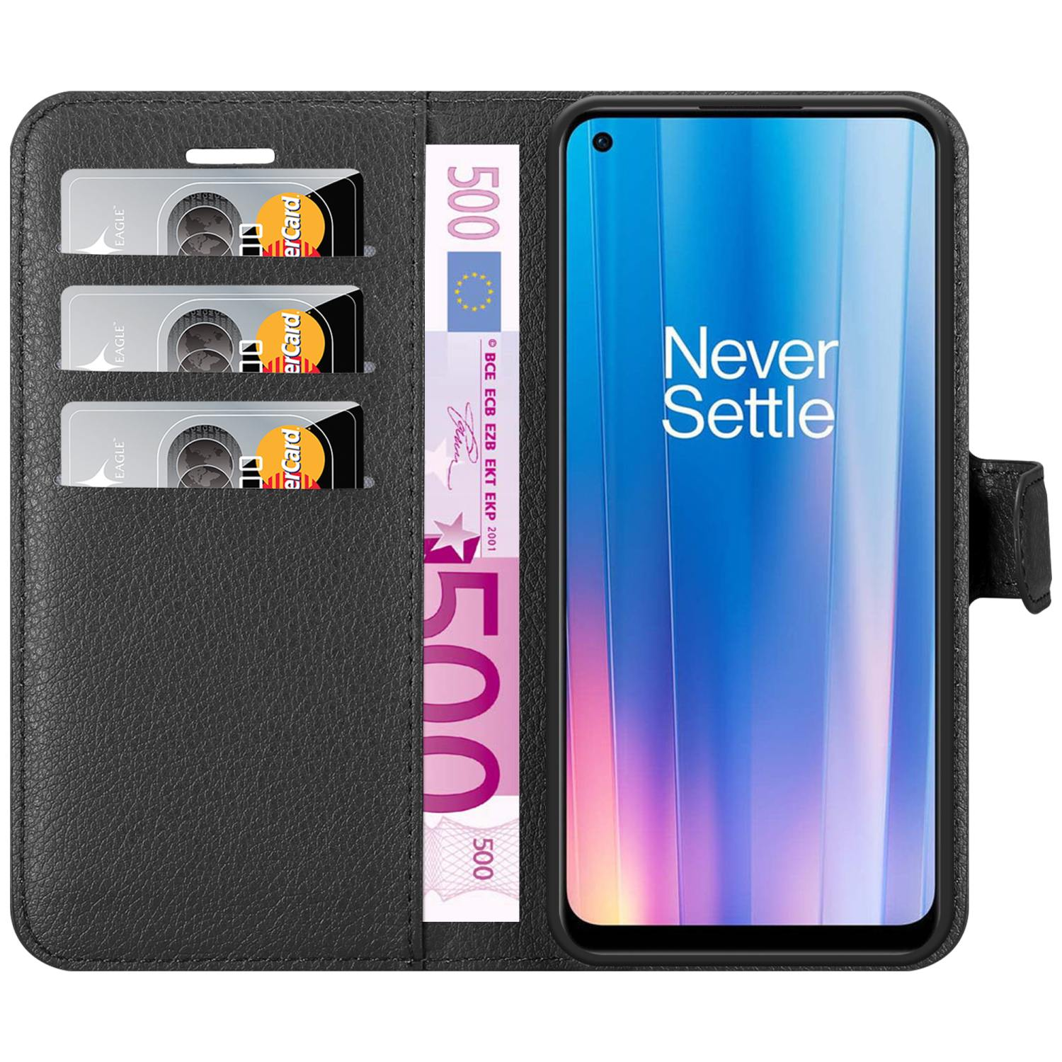 Custodia a portafoglio nera, con carte e banconote da 500 euro. Schermo del telefono: Never Settle.