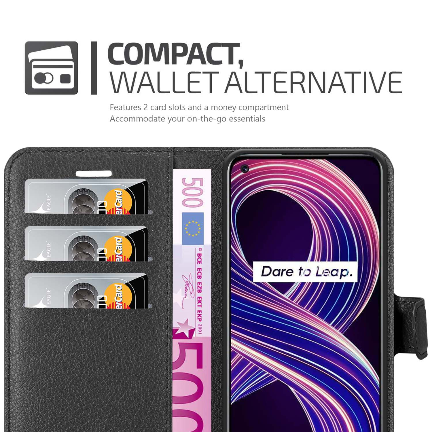 Custodia per telefono stile portafoglio nera con slot per carte e scomparto per contanti. Il telefono mostra un motivo colorato.