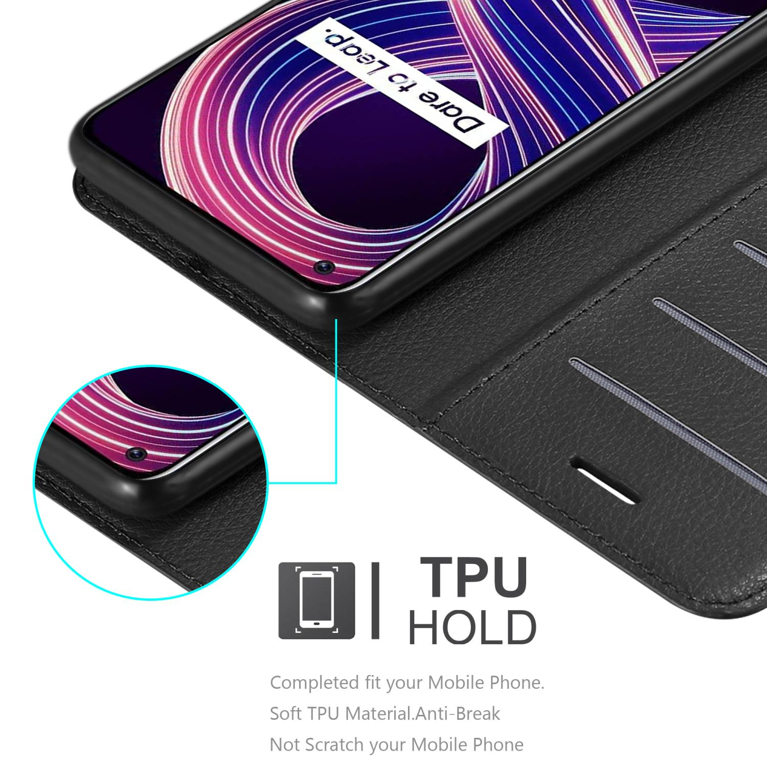 Telefono in custodia a portafoglio nera. Il testo recita "TPU Hold". Il telefono ha una custodia nera con schermo blu.