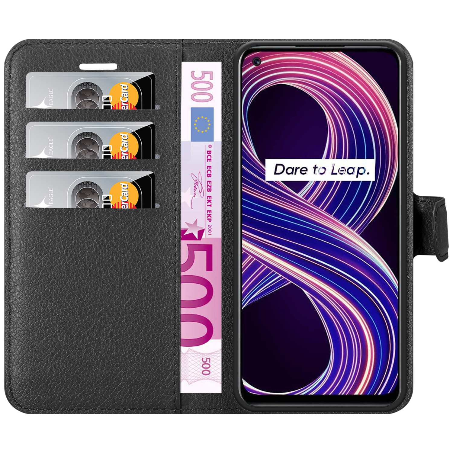Custodia nera aperta, mostra telefono, carte e denaro. Testo: Dare to Leap.
