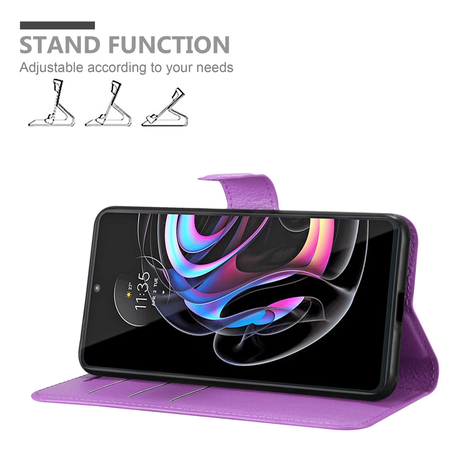 Custodia per telefono viola con funzione supporto, che mostra un telefono con schermo.