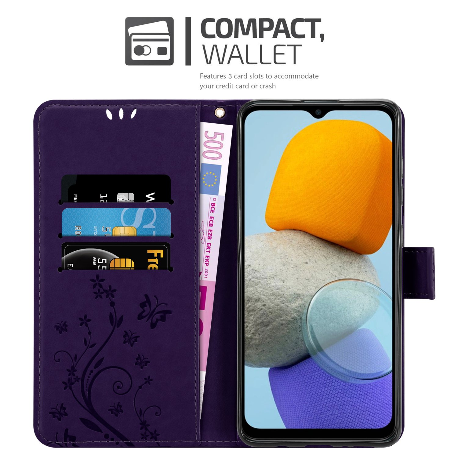 Portafoglio viola con scomparti per carte e telefono. Visibile una banconota da 500 euro.