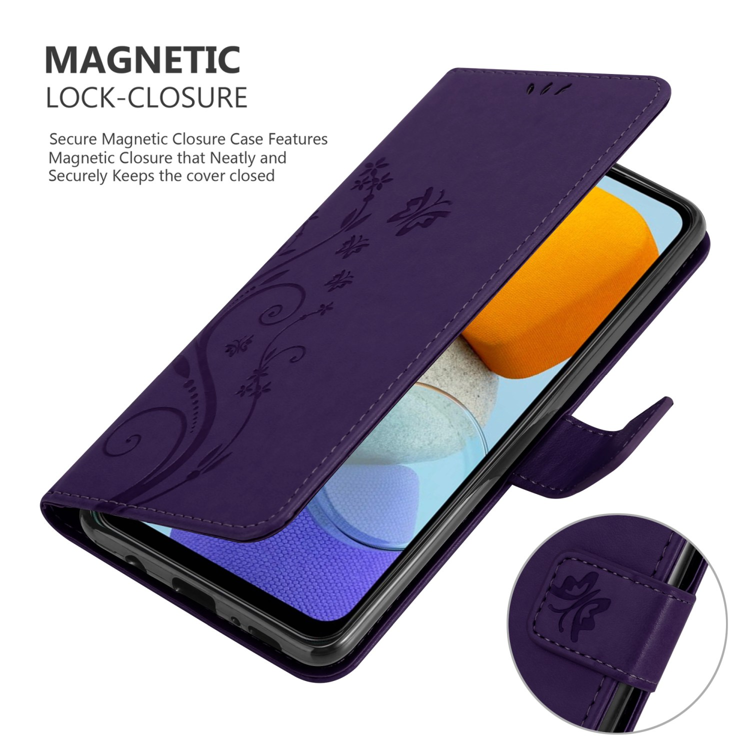 Custodia a portafoglio viola con design floreale, aperta. Telefono all'interno e dettaglio di chiusura magnetica.