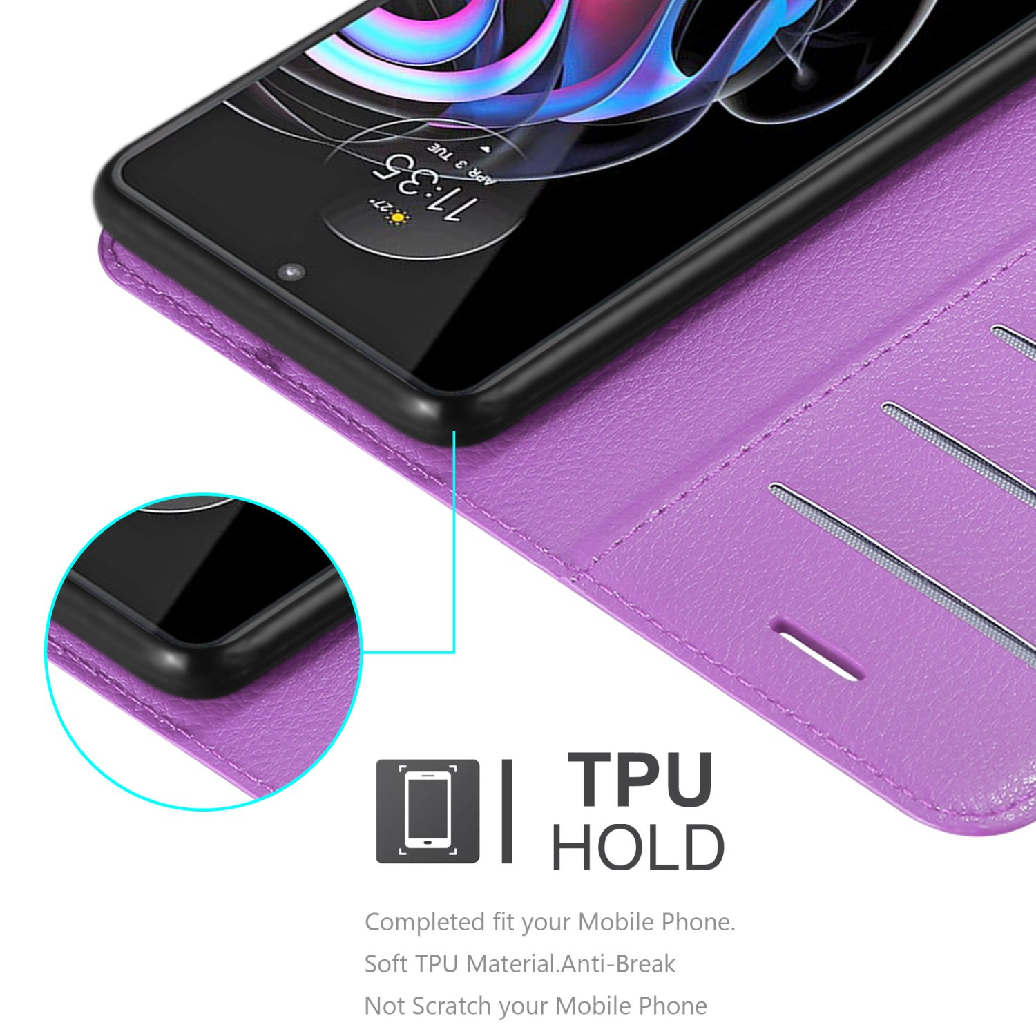 Custodia viola per telefono con telefono, che mostra ritagli e un'etichetta TPU HOLD.