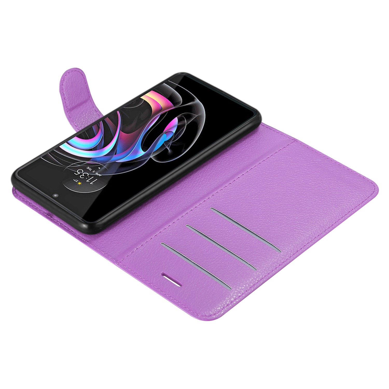 Custodia viola con telefono all'interno. Mostra schermo con sfondo colorato.
