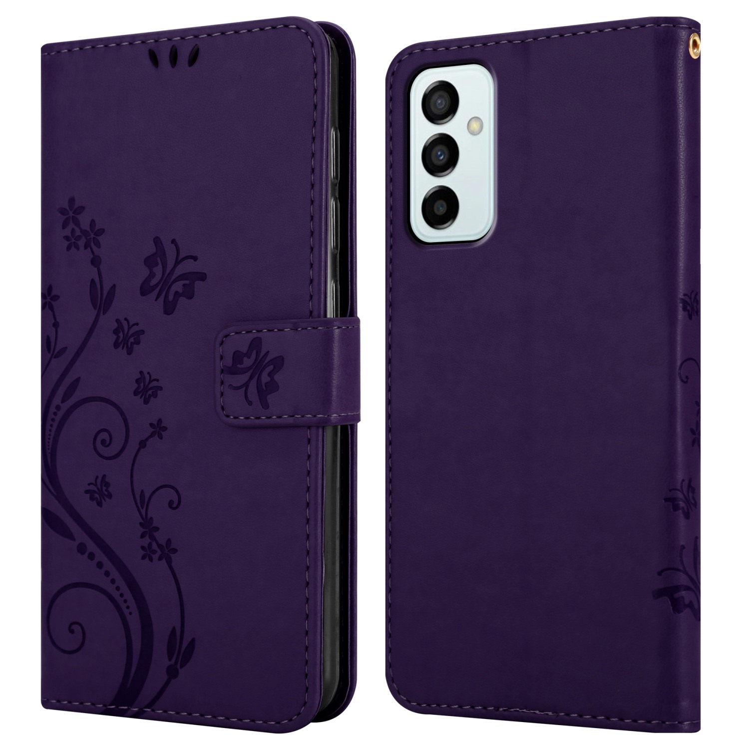 Custodia per telefono viola con design floreale e motivi a farfalla. Il telefono ha una configurazione a tripla fotocamera.