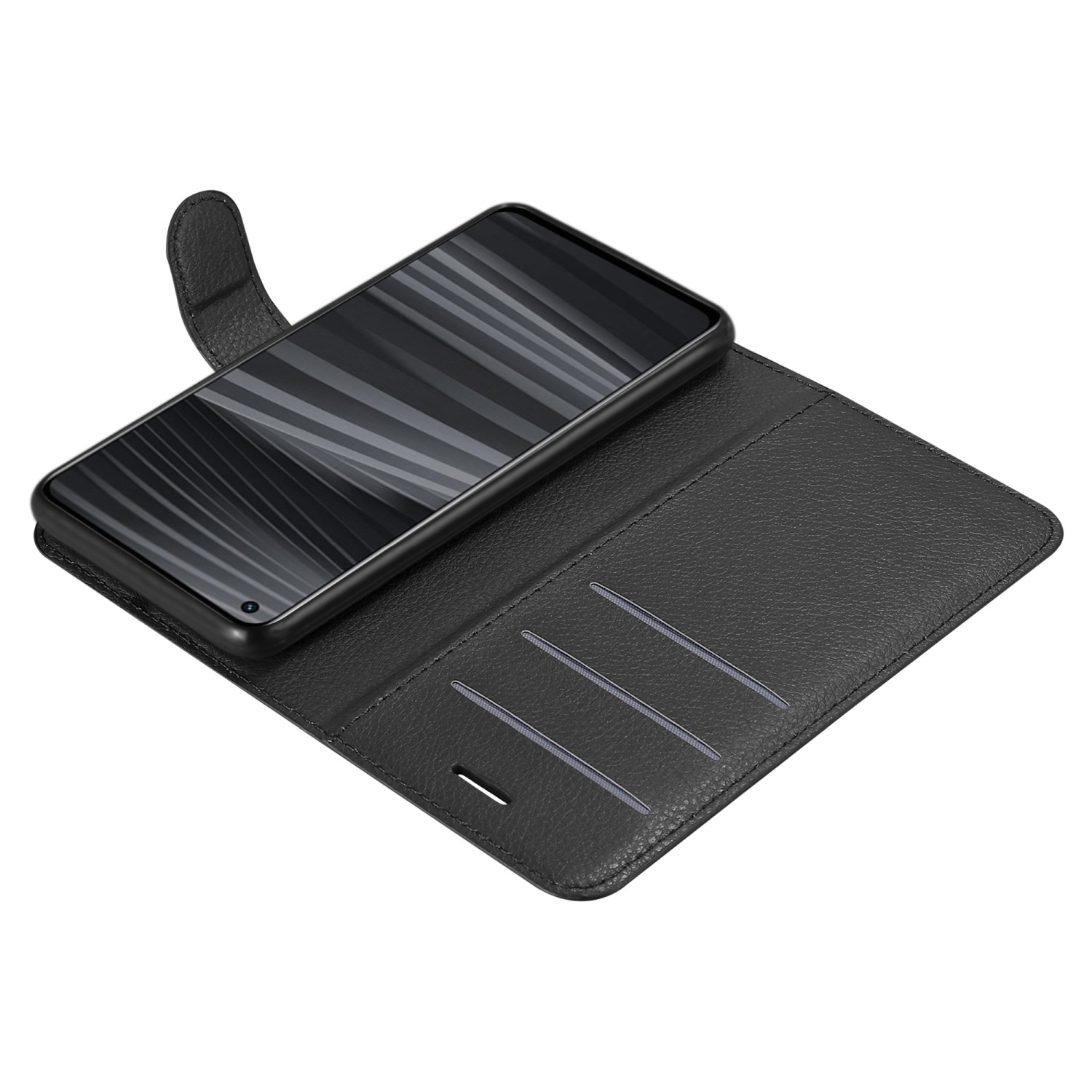Telefono nero in custodia nera. La custodia ha fessure per carte. Il telefono è di lato.