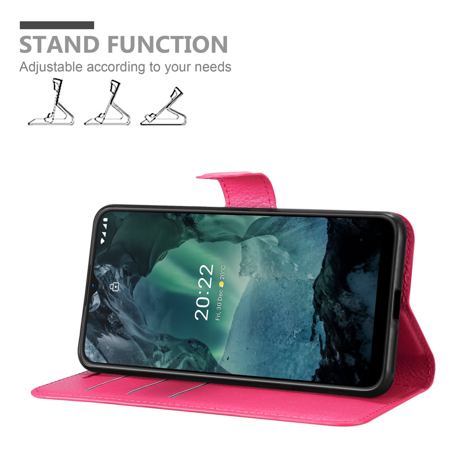 Custodia per telefono rosa con un telefono all'interno, configurata come supporto. Il telefono è in mostra.
