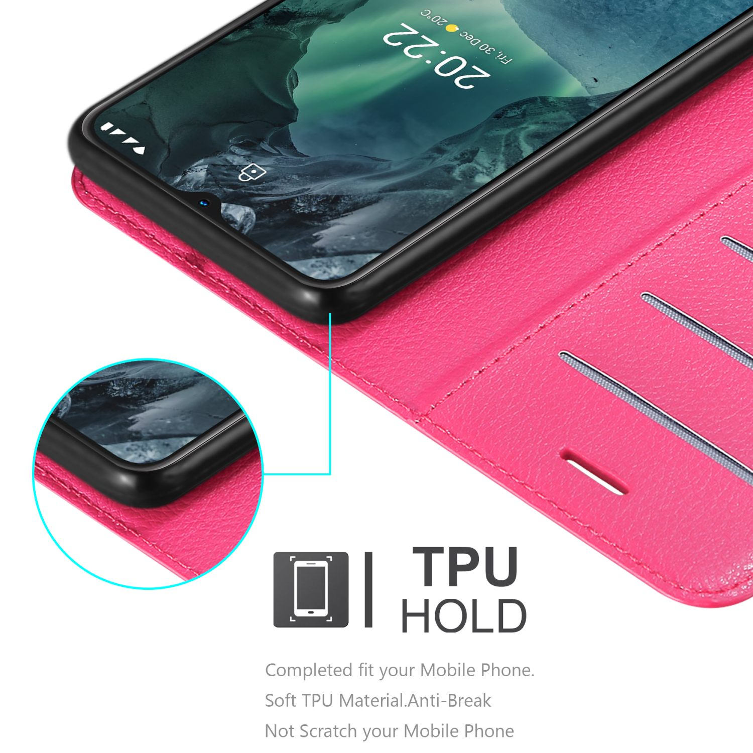 Custodia per telefono rosa con telefono. Testo 'TPU HOLD' visibile.