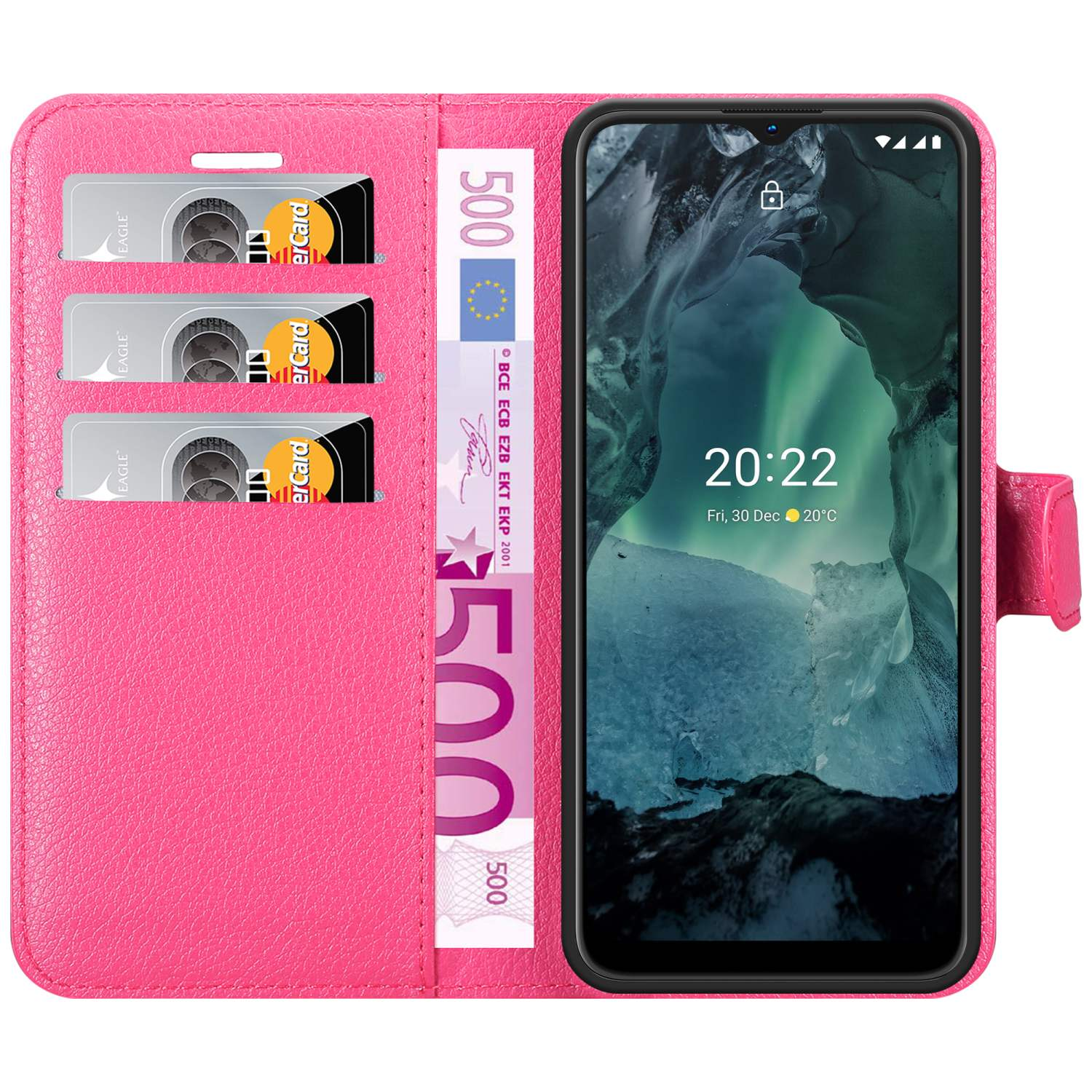 Custodia rosa per telefono, aperta con carte e denaro, telefono che mostra l'ora.