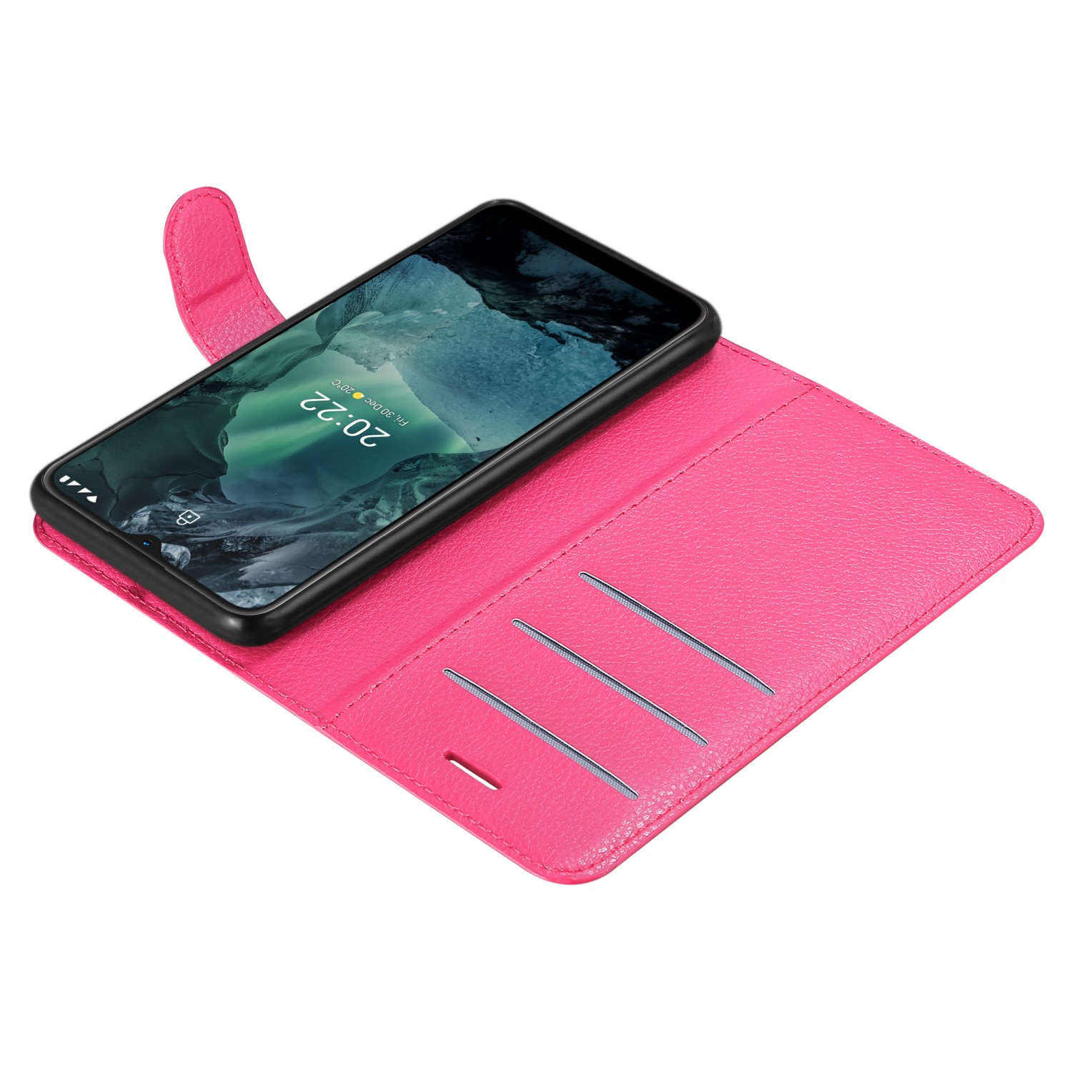 Custodia per telefono rosa aperta. Telefono all'interno. Tre slot per carte a sinistra.