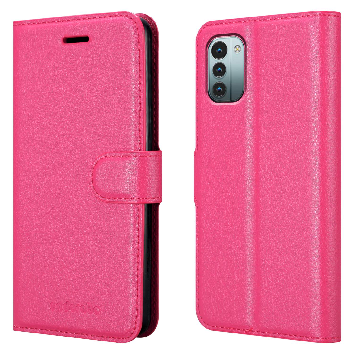 Custodia per telefono rosa, chiusa a sinistra, aperta a destra. 'Cadorabo' stampato sul davanti della custodia.