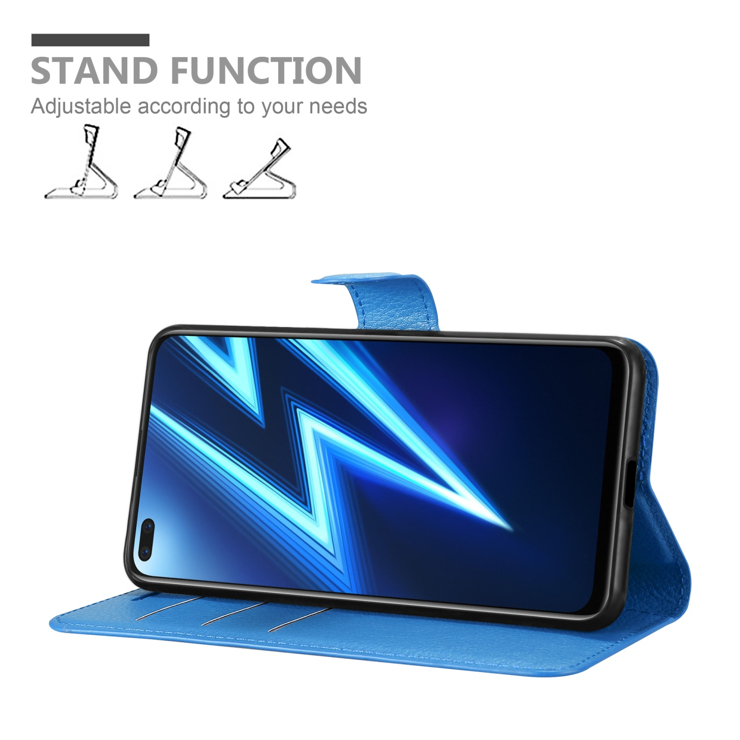 Custodia blu per telefono in modalità supporto, con telefono che mostra uno schermo. Funzione supporto con tre opzioni.