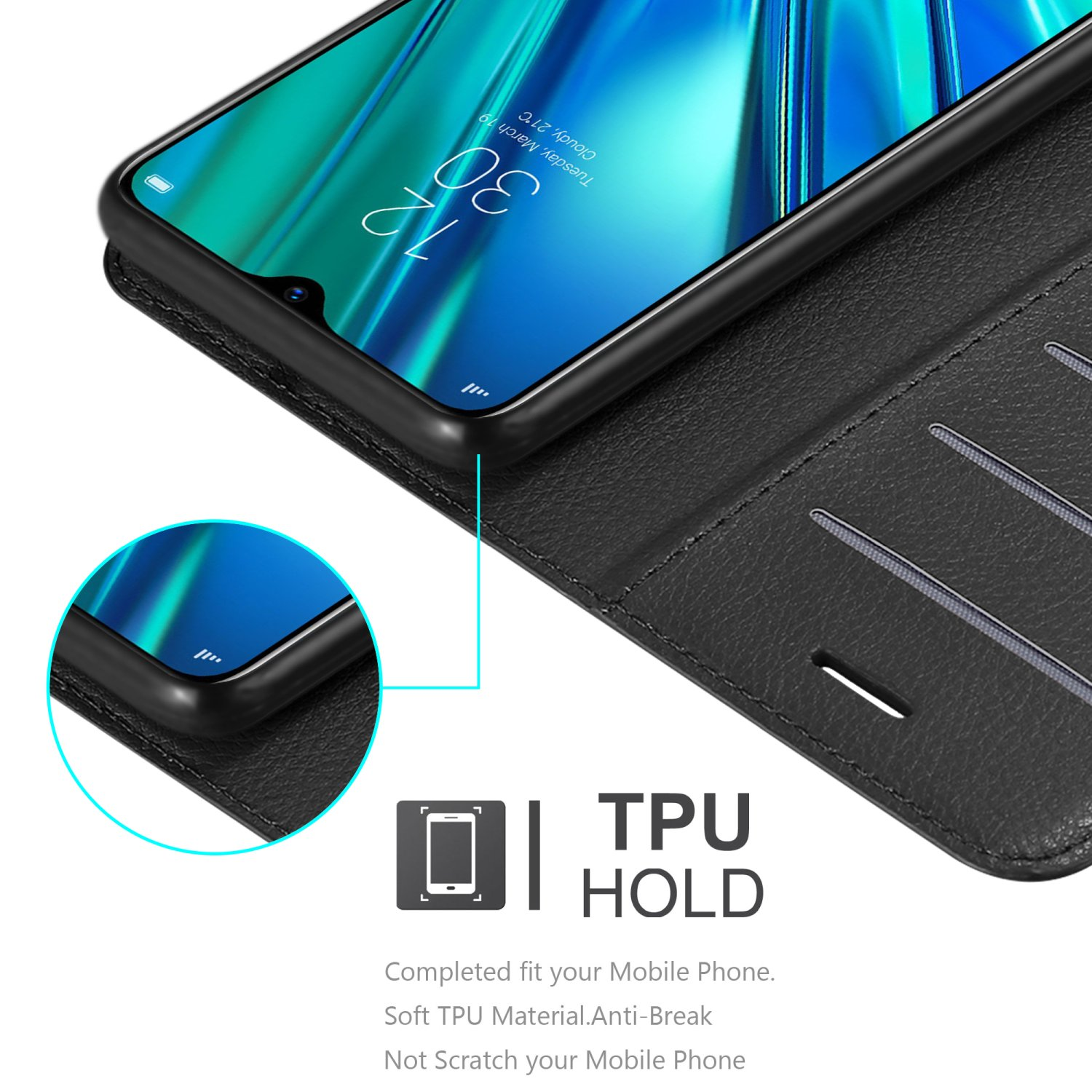 Custodia per telefono con supporto in TPU nero con un telefono all'interno. Ha un bordo rialzato per la protezione dello schermo. Su sfondo bianco.