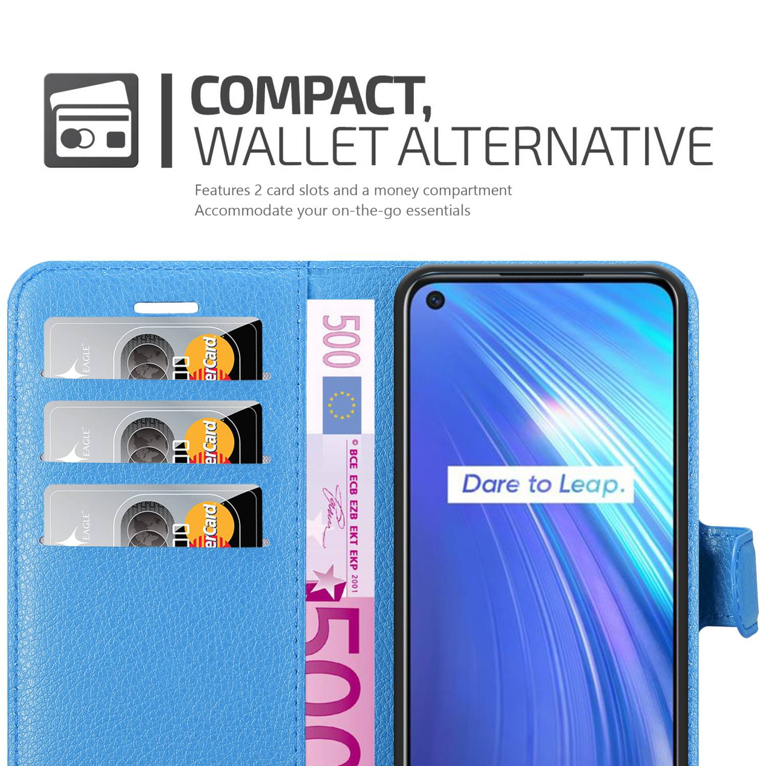 Custodia blu con carte e denaro. Lo schermo mostra logo blu 'Dare to Leap'.
