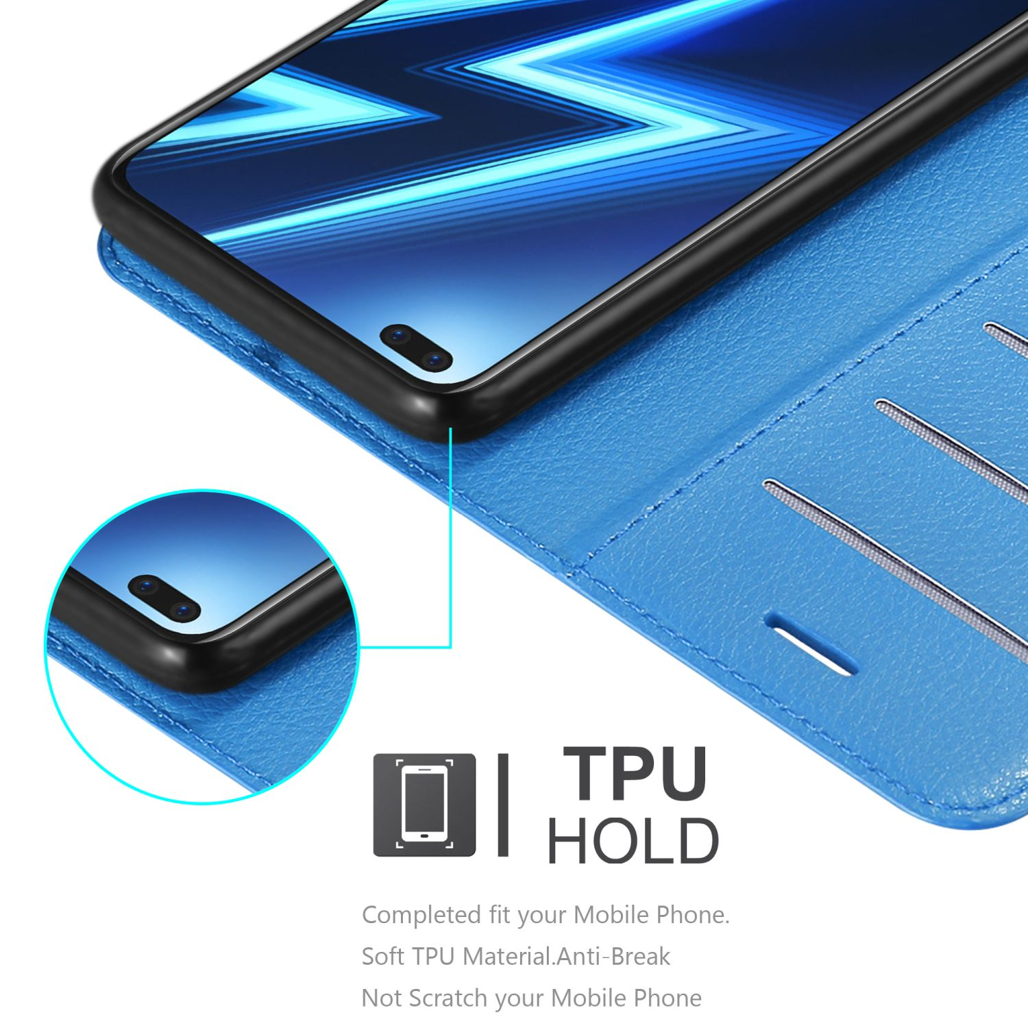 Custodia blu con smartphone all'interno. Mostra schermo e dettagli TPU HOLD.