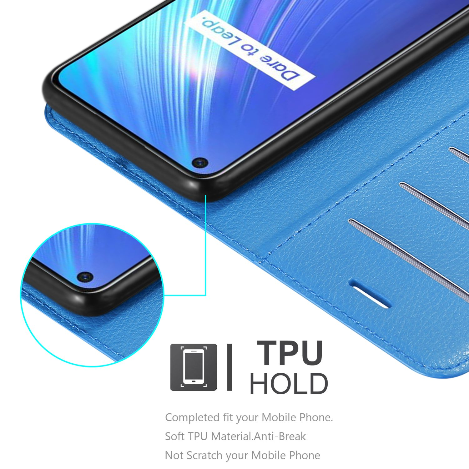 Una custodia per telefono blu è aperta con un telefono all'interno. La custodia ha una funzione di supporto in TPU.