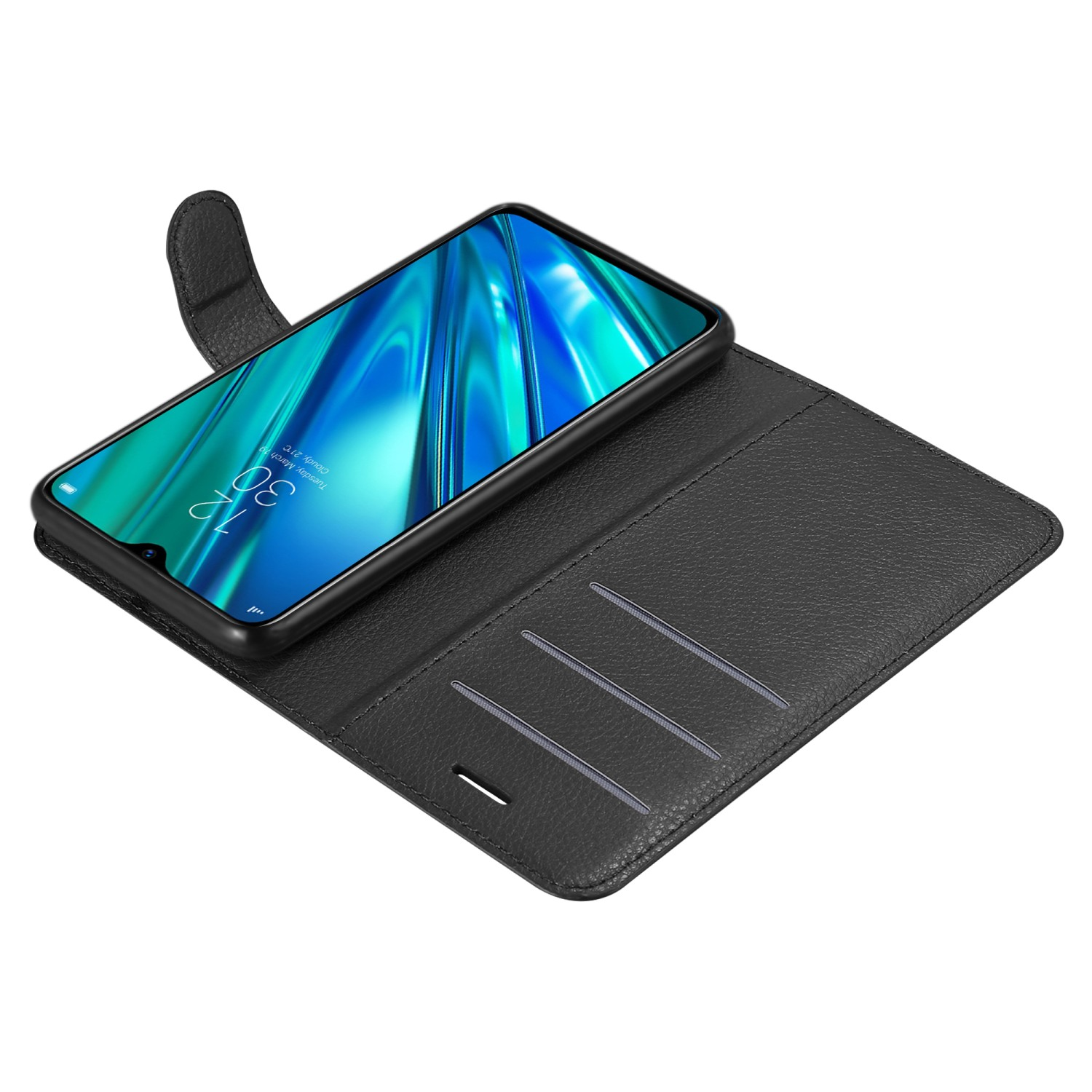 Una custodia nera per telefono aperta, che mostra un telefono con schermo blu, con slot per schede.