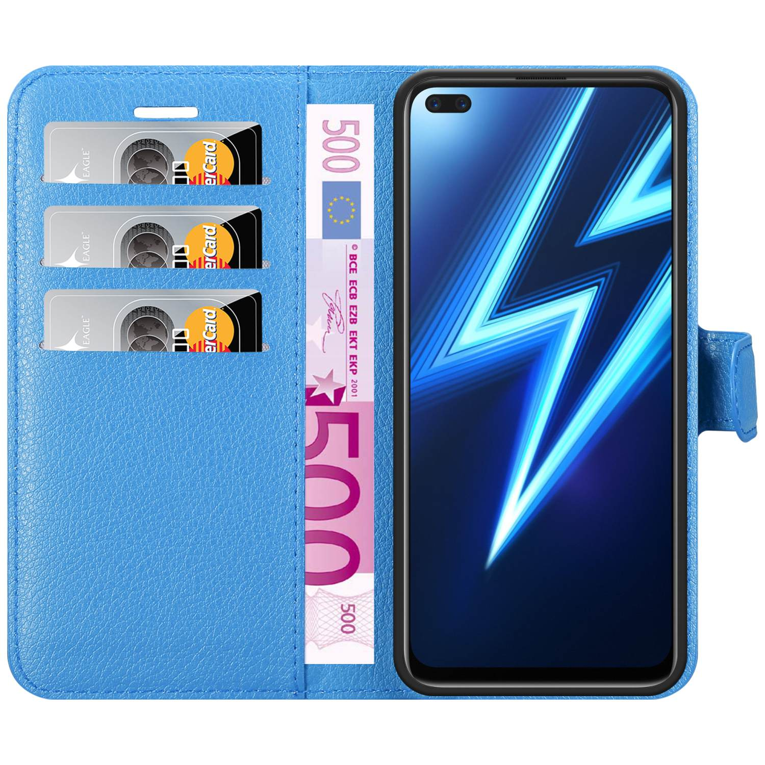 Custodia blu con carte di credito e banconota da 500€. Il telefono mostra un design blu e bianco.
