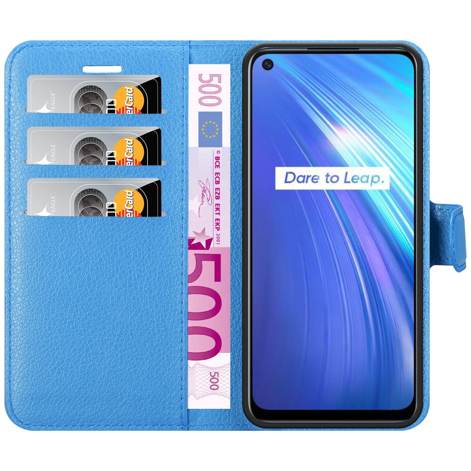 Custodia per telefono blu con telefono, carte di credito e banconota da 500 euro.