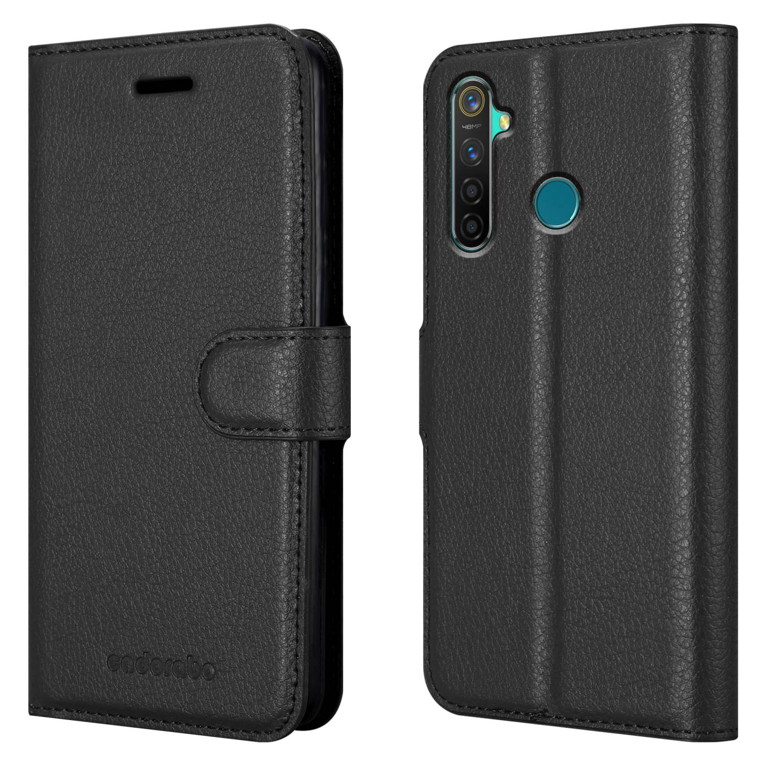 Custodia nera per telefono chiusa e aperta. La custodia aperta mostra la fotocamera del telefono.