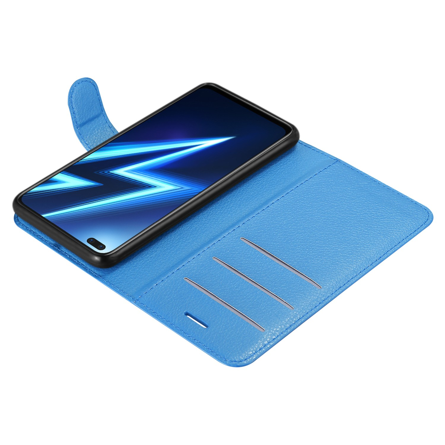 Custodia blu aperta con telefono dentro. La custodia ha fessure per carte.