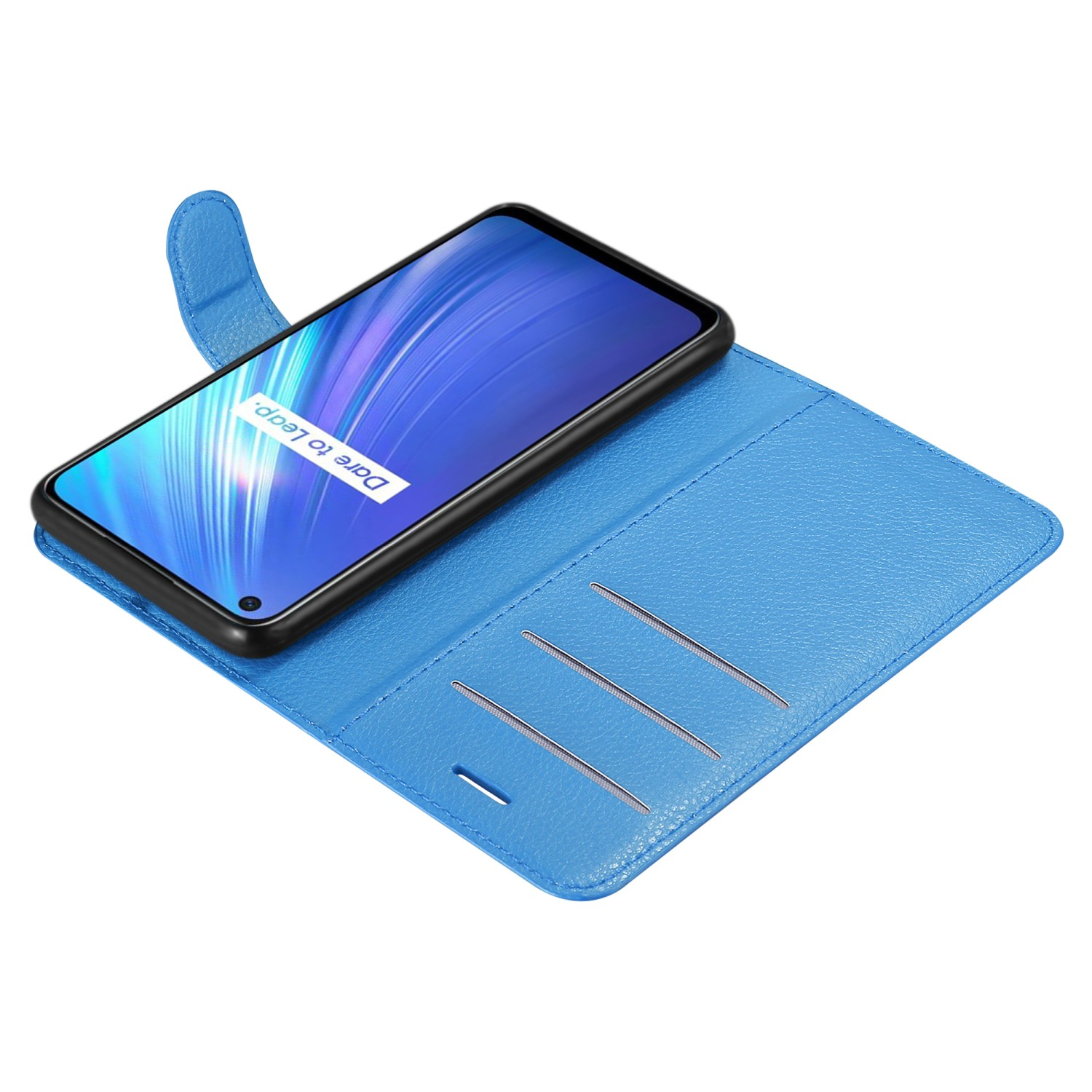 Una custodia blu per telefono con un telefono all'interno, aperta per mostrare le fessure per carte.