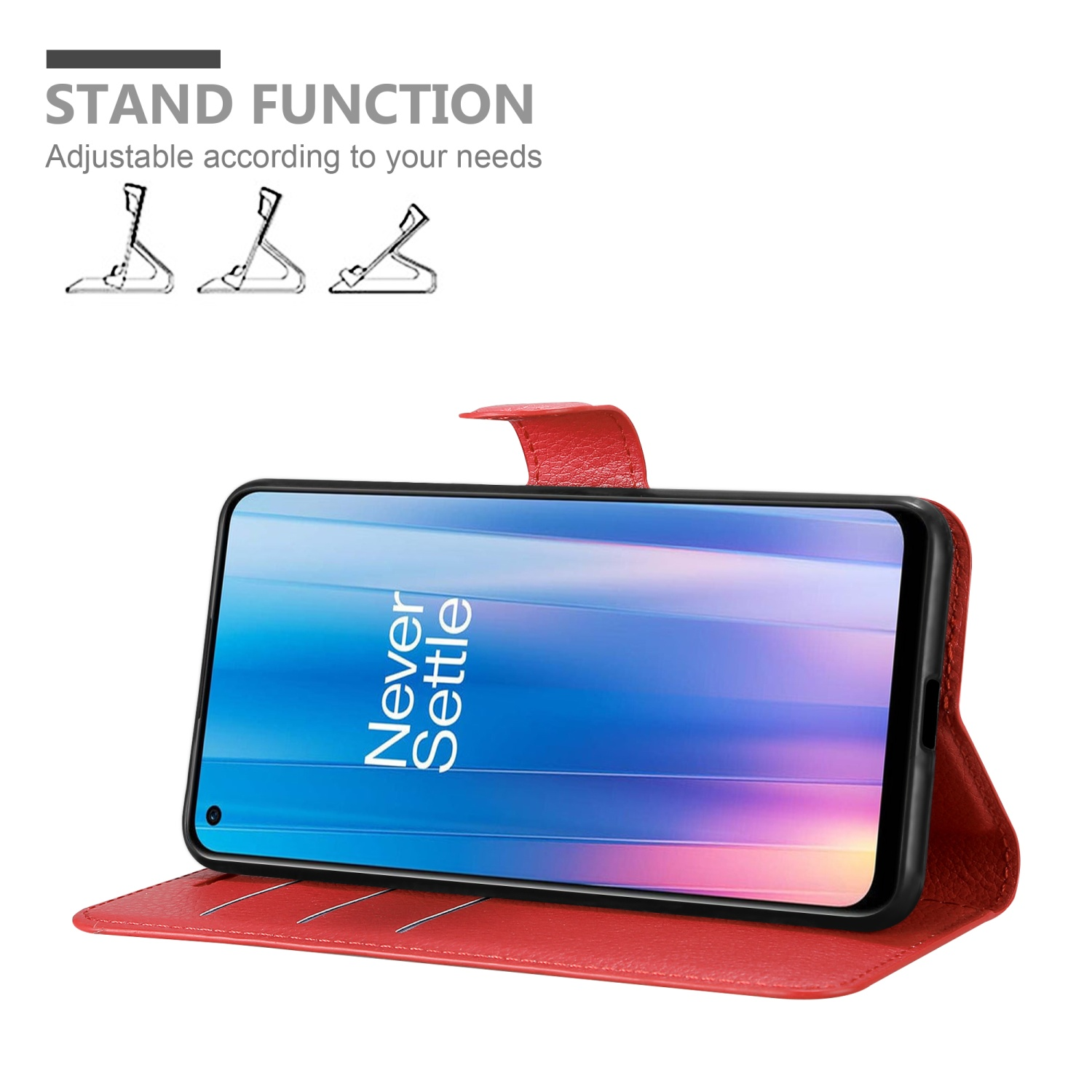 Custodia rossa aperta, display del telefono visibile. Funzione stand. Sfondo bianco.