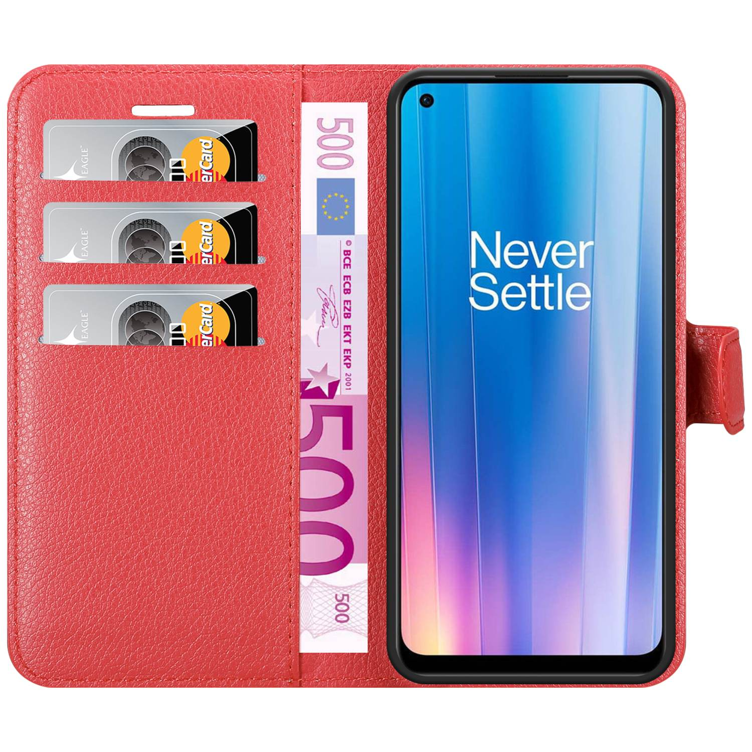 Telefono in custodia rossa, aperto, rivela carte e banconota da 500 euro. Never Settle sullo schermo.