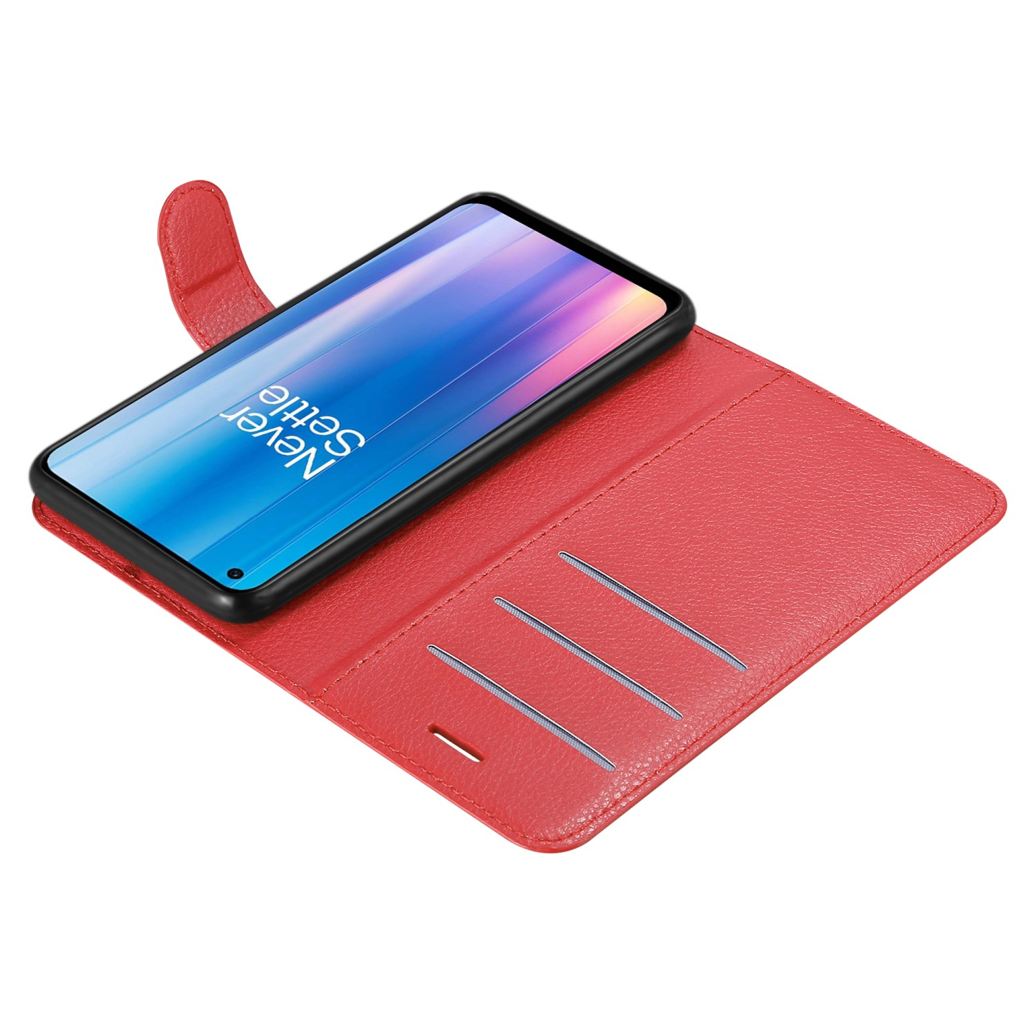 Una custodia per telefono rossa è aperta. Il telefono è all'interno della custodia con fessure per carte.