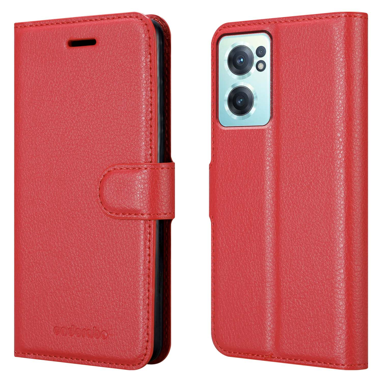 Custodia per telefono rossa aperta e chiusa. Chiusa ha un fermaglio, aperta mostra il telefono.