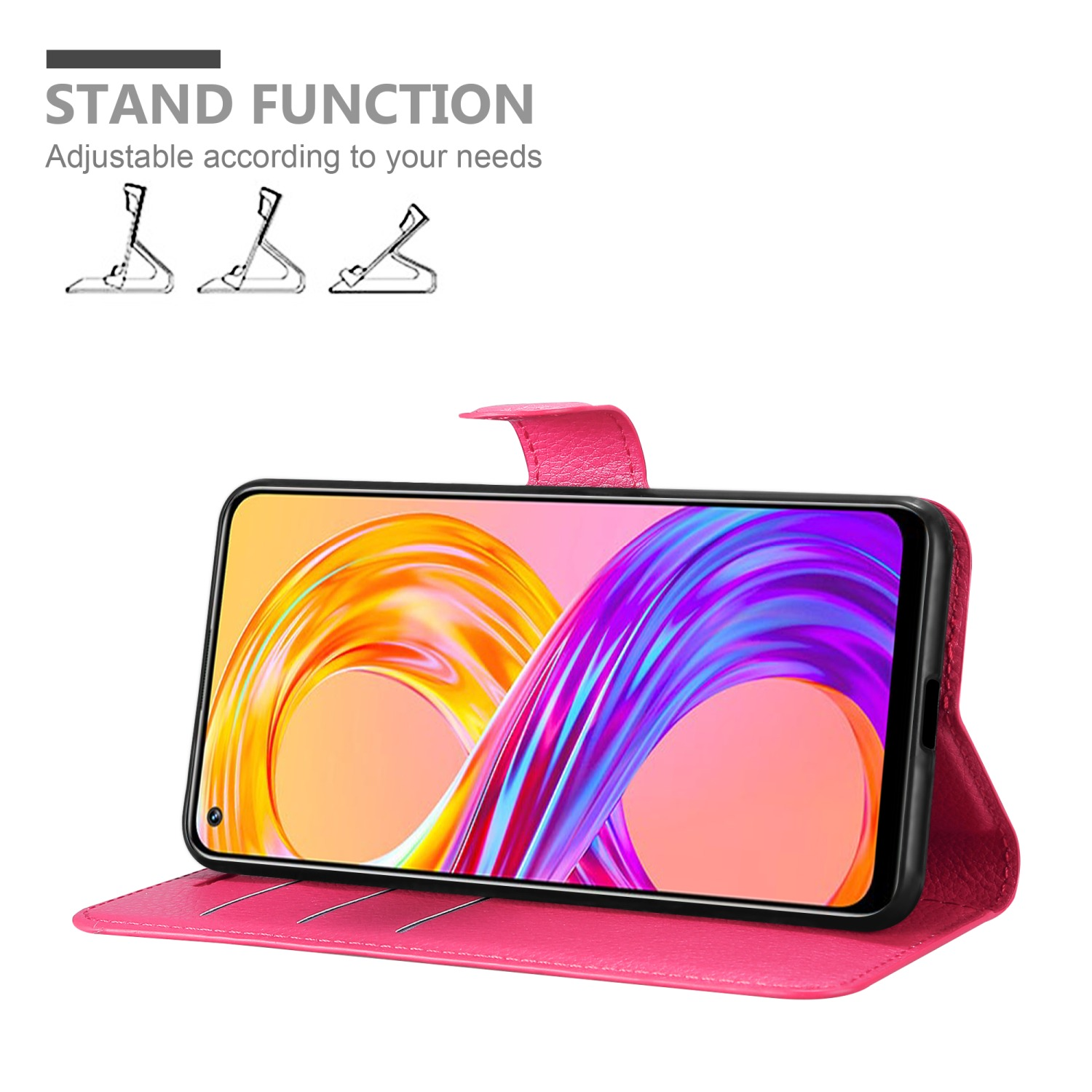 Telefono in una custodia rosa, puntellato. Testo: 'Stand Function'.