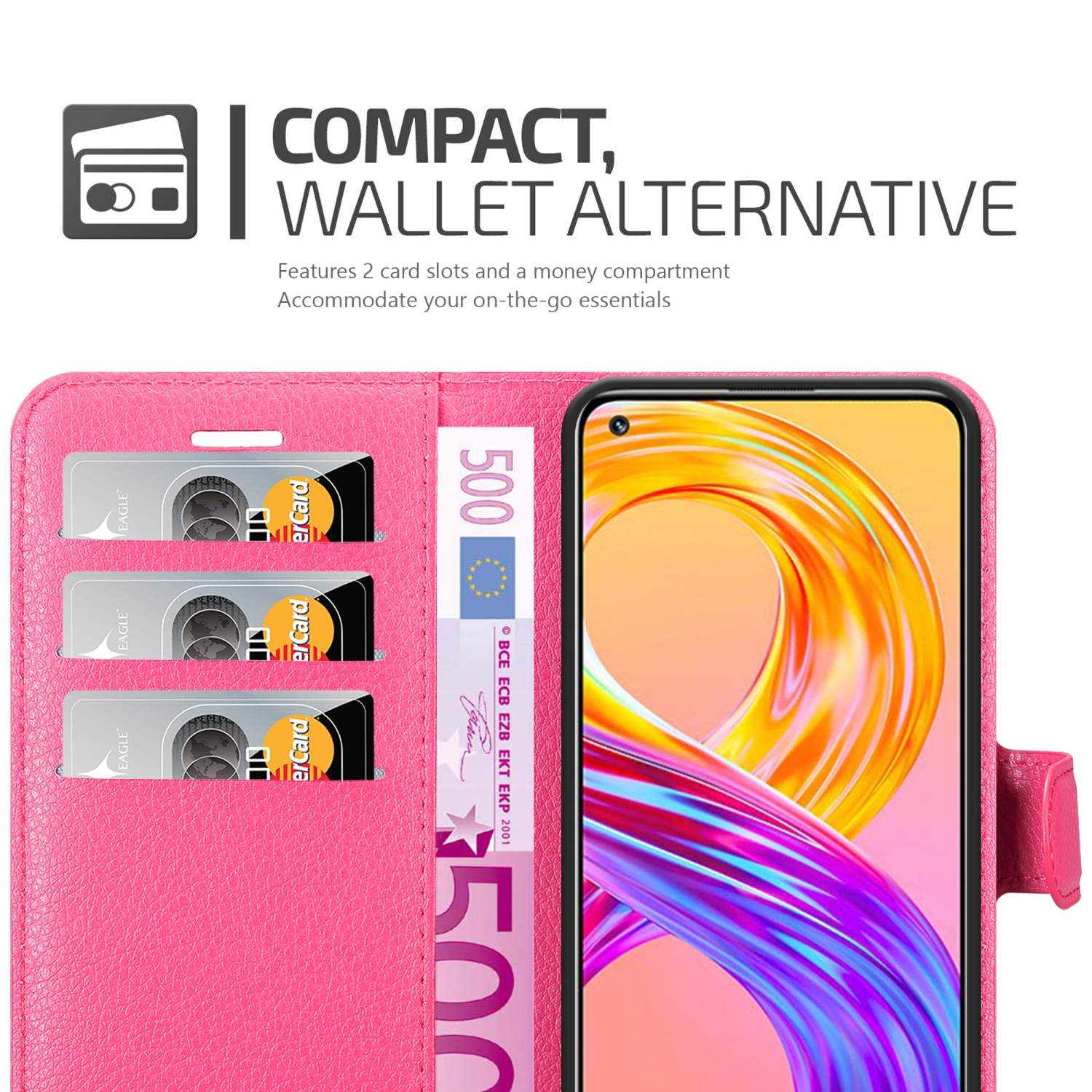 Custodia rosa aperta, con carte e denaro all'interno. Testo: Alternativa compatta al portafoglio.