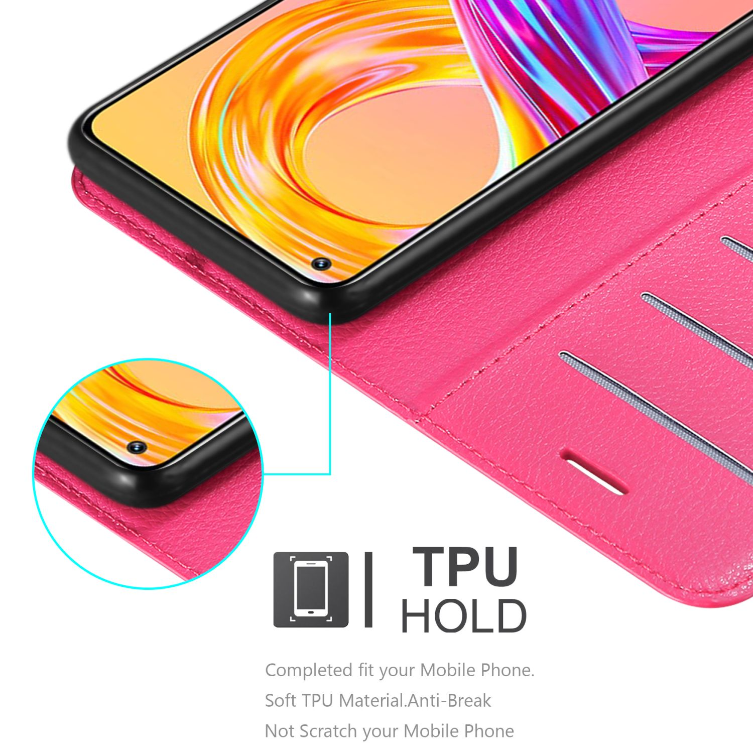 Custodia per telefono rosa con telefono all'interno e testo e logo TPU HOLD, con sfondo bianco.