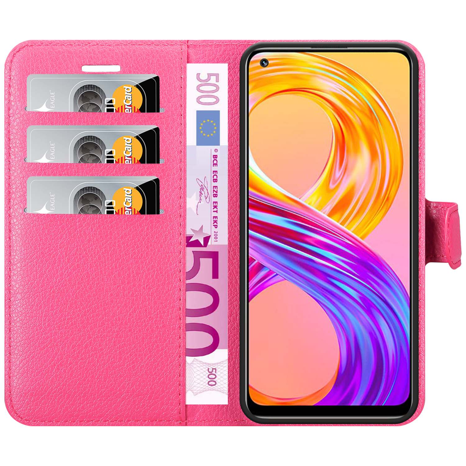 Custodia rosa aperta con tre slot per carte e banconote in euro. Un telefono è visibile.