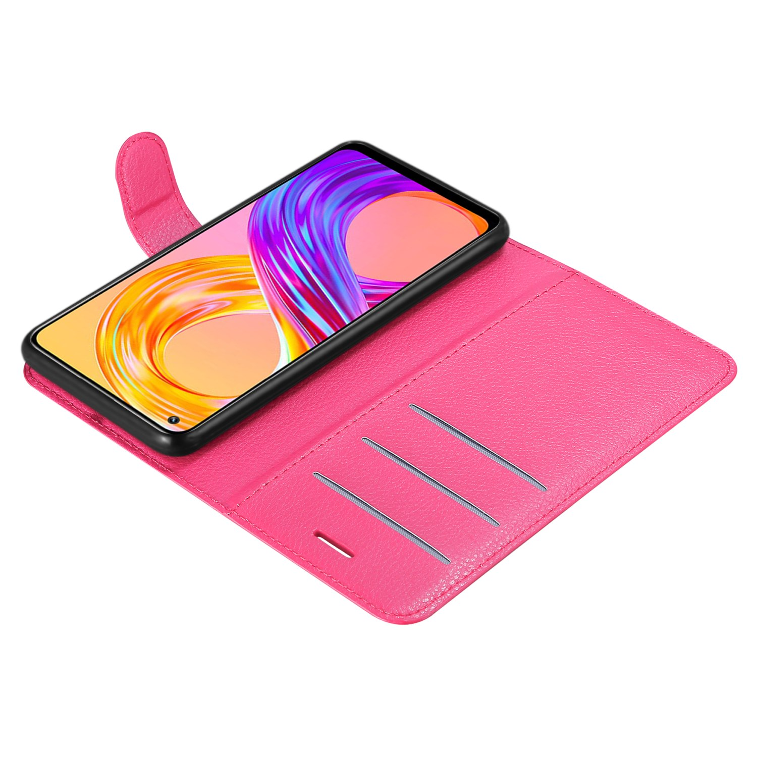 Custodia rosa per telefono, aperta, con un telefono all'interno. Lo schermo mostra un design astratto colorato.