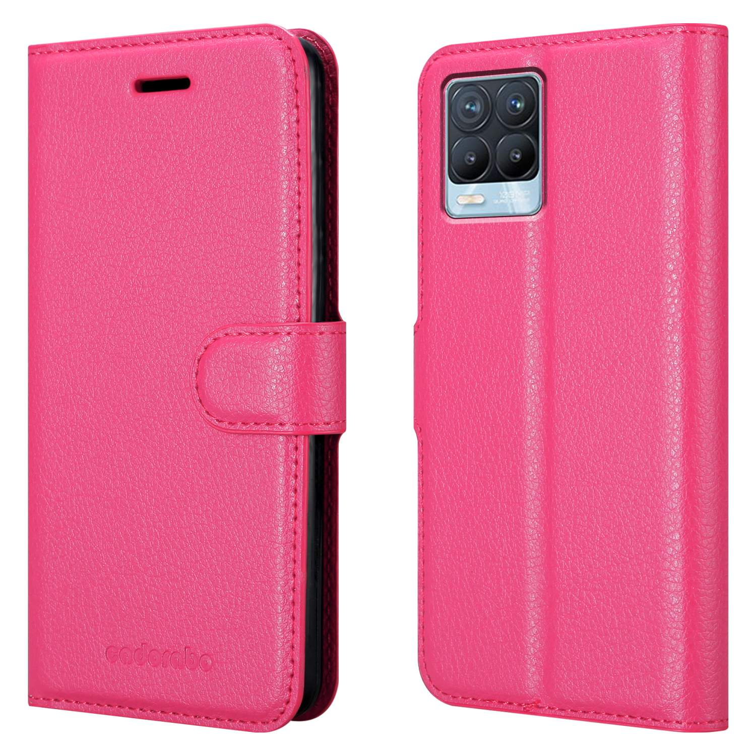 Custodia per telefono rosa, chiusa e aperta. Testo: codorabo. Telefono con fotocamere.