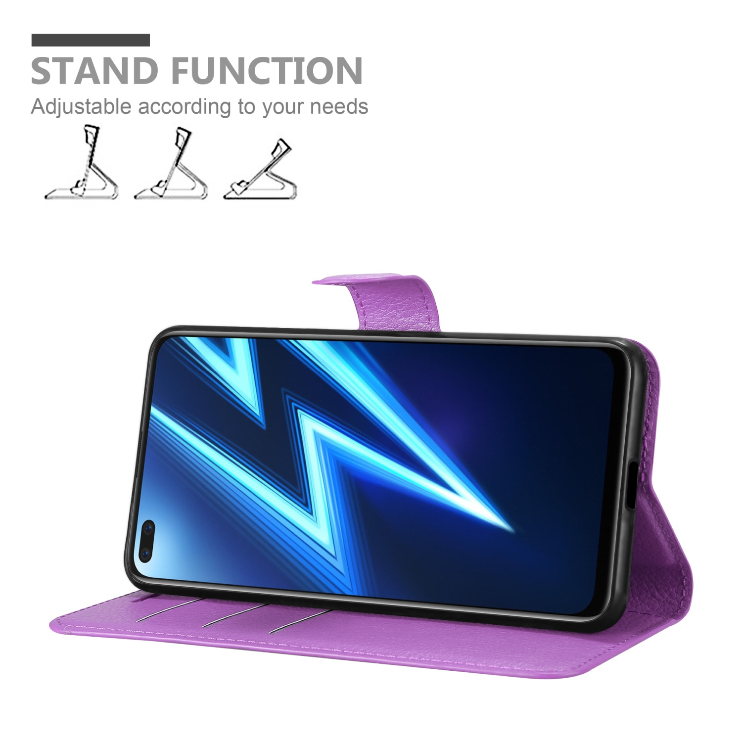 Custodia per telefono viola con telefono dentro, aperta. Grafico funzione stand in alto.