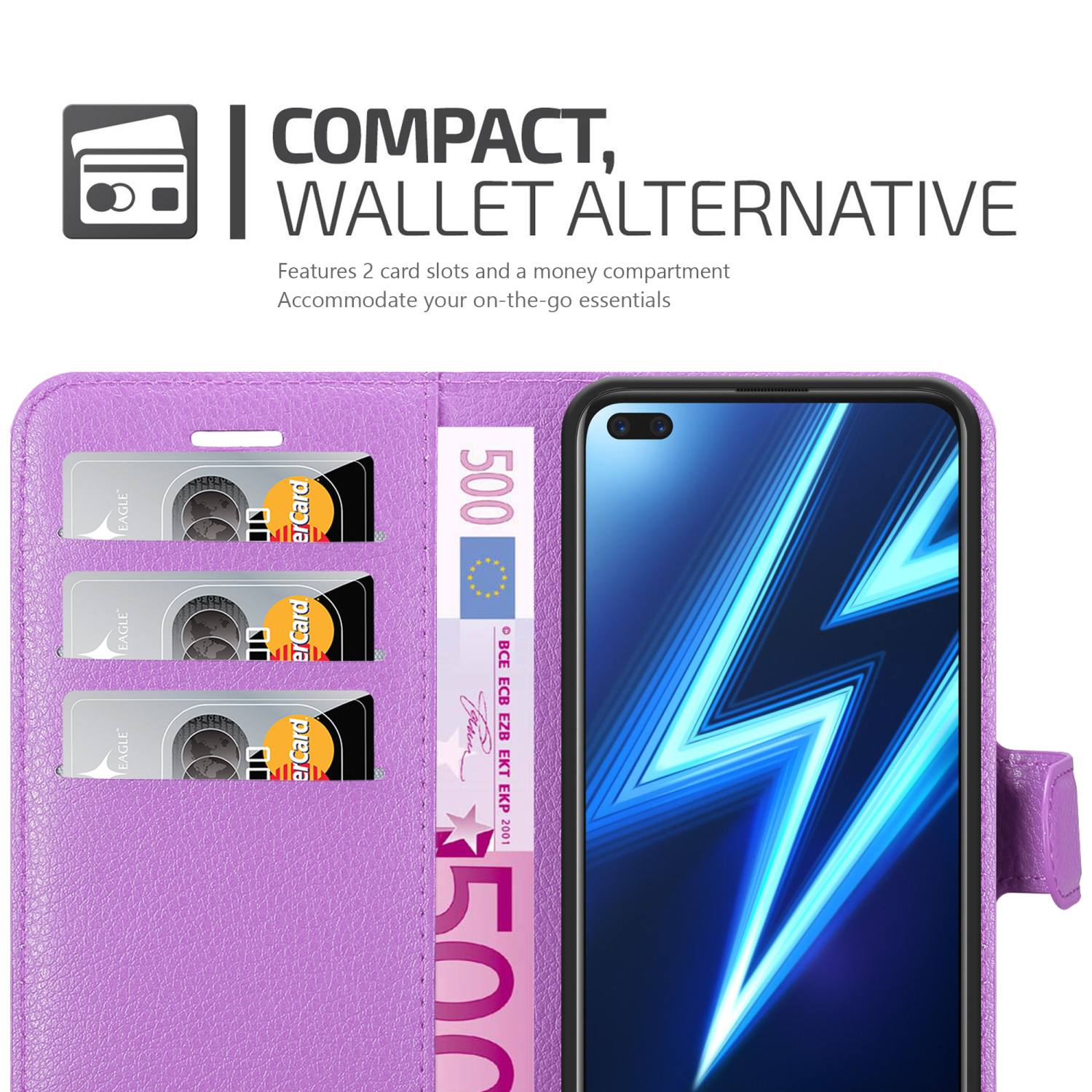 Portafoglio per telefono viola con slot per schede, banconota da 500 euro e smartphone.