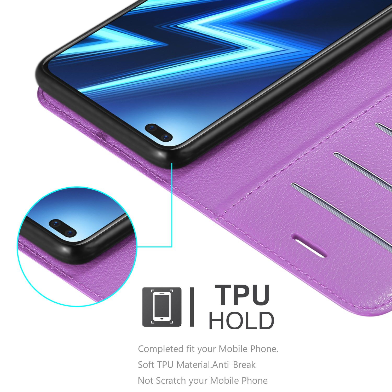 Custodia per telefono viola, aperta con uno smartphone all'interno. Lo schermo del telefono è visibile.