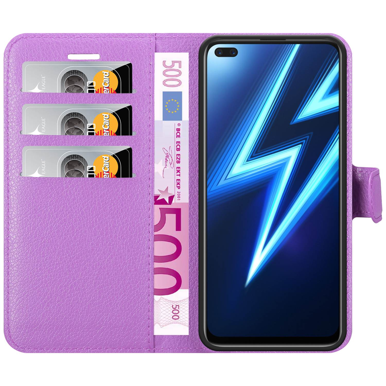 Una custodia per telefono viola con carte e denaro all'interno, con un telefono sul lato destro.