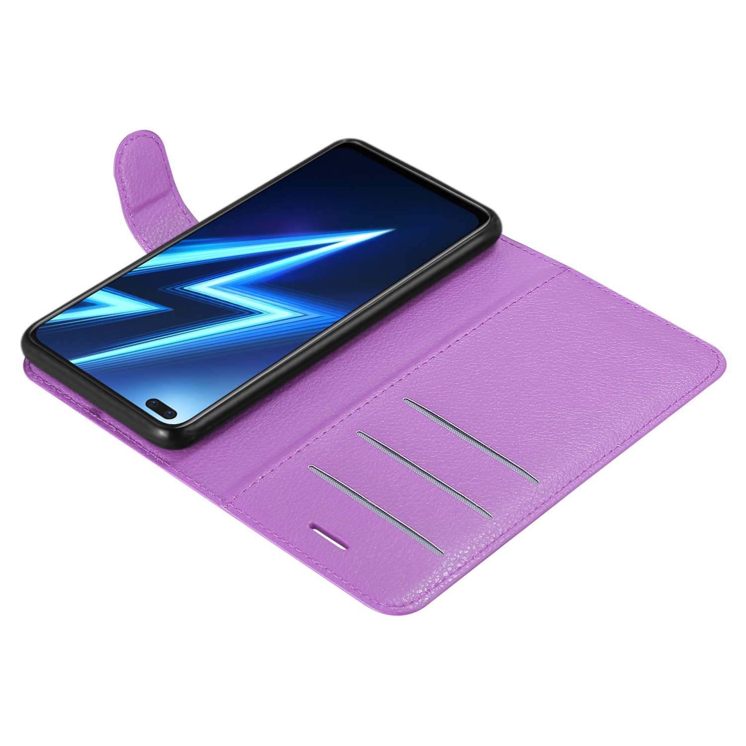 Custodia per telefono viola aperta con telefono dentro. Tre fessure per carte visibili. Sfondo bianco.