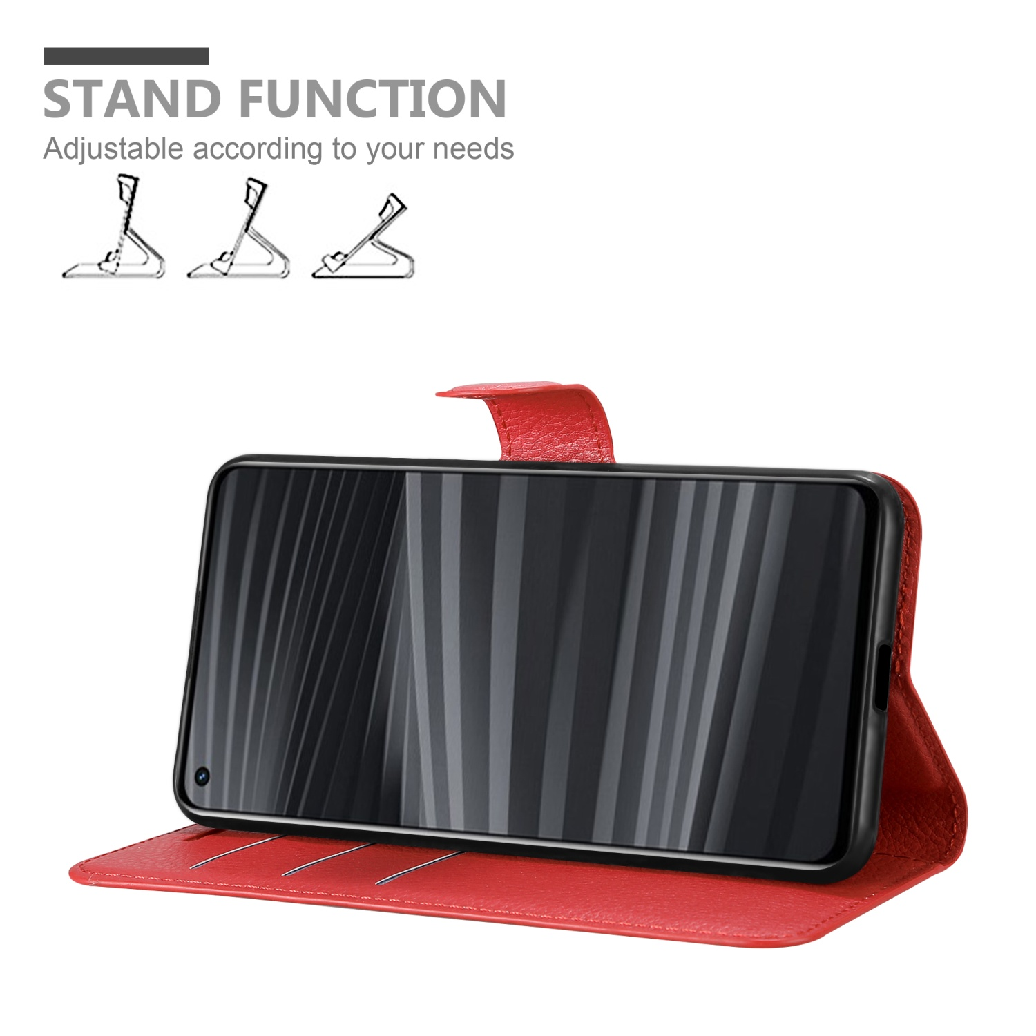 Custodia rossa per telefono in posizione stand. Il telefono è visibile con la funzione stand.