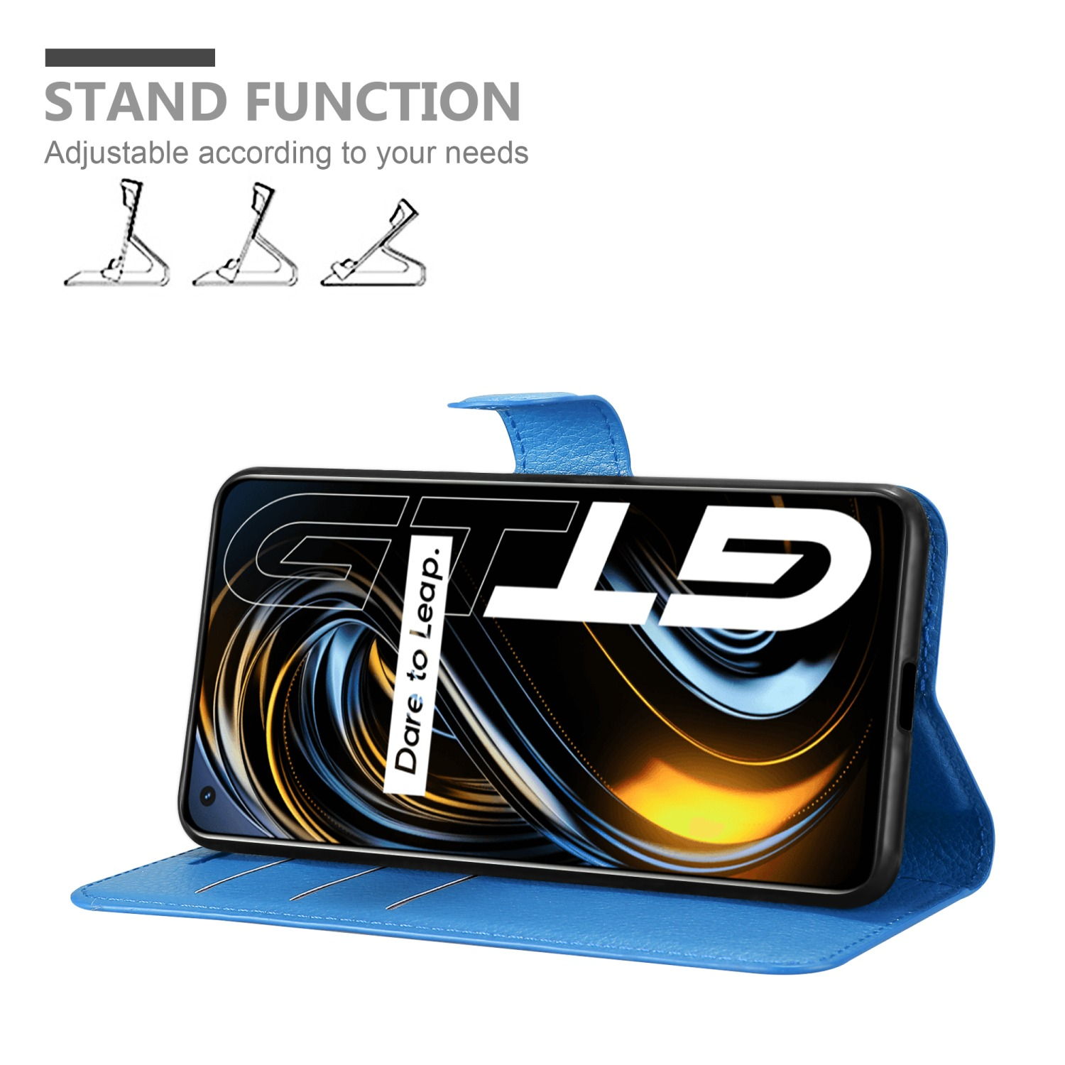 Una custodia blu con un telefono all'interno. Il testo recita: FUNZIONE STAND, Regolabile in base alle tue esigenze. Marchio Dare to Leap.