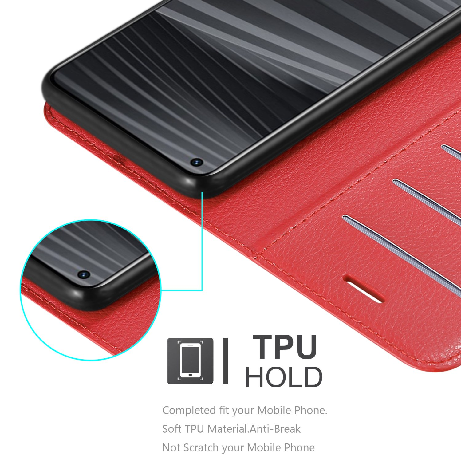 Custodia rossa per telefono con telefono all'interno. Lo sfondo è bianco, con logo TPU hold.