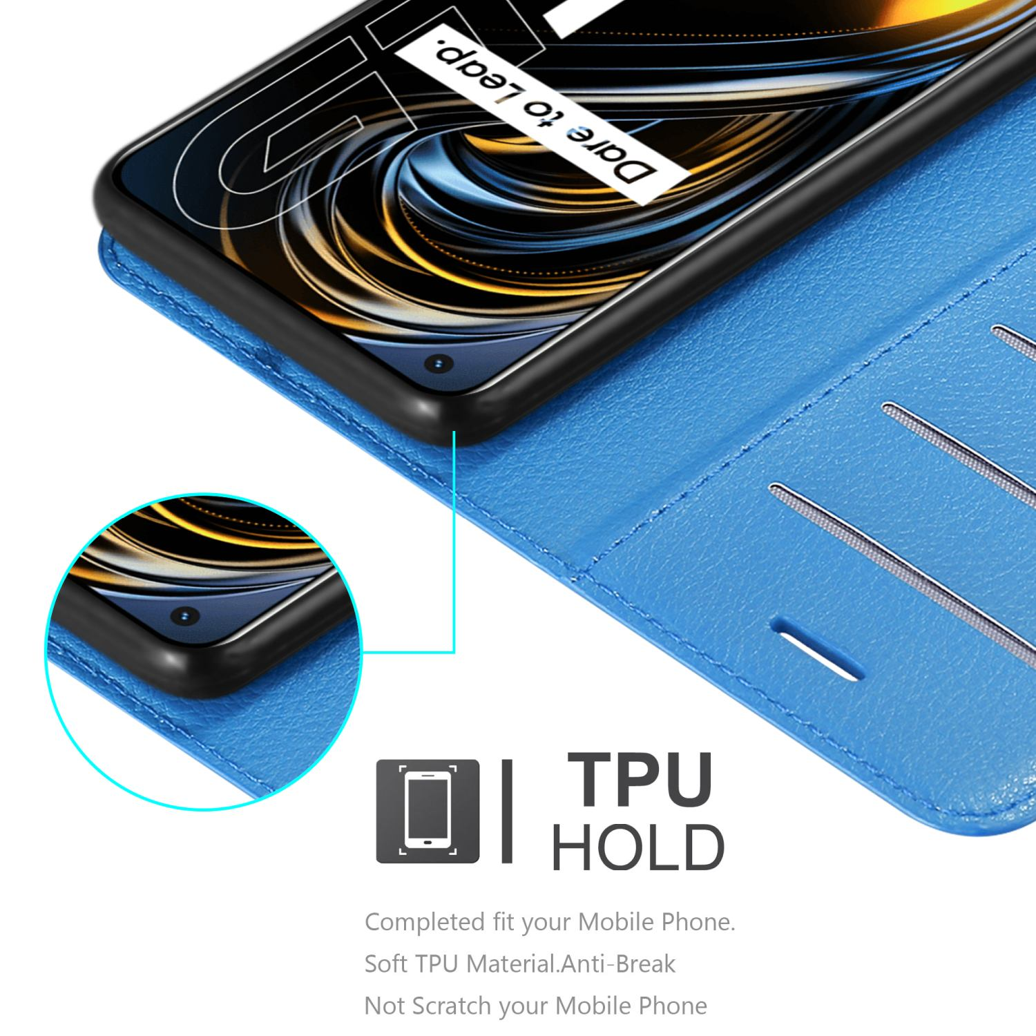 Una custodia per telefono blu è aperta, mostrando un telefono con le parole "Dare to Leap" su di esso.