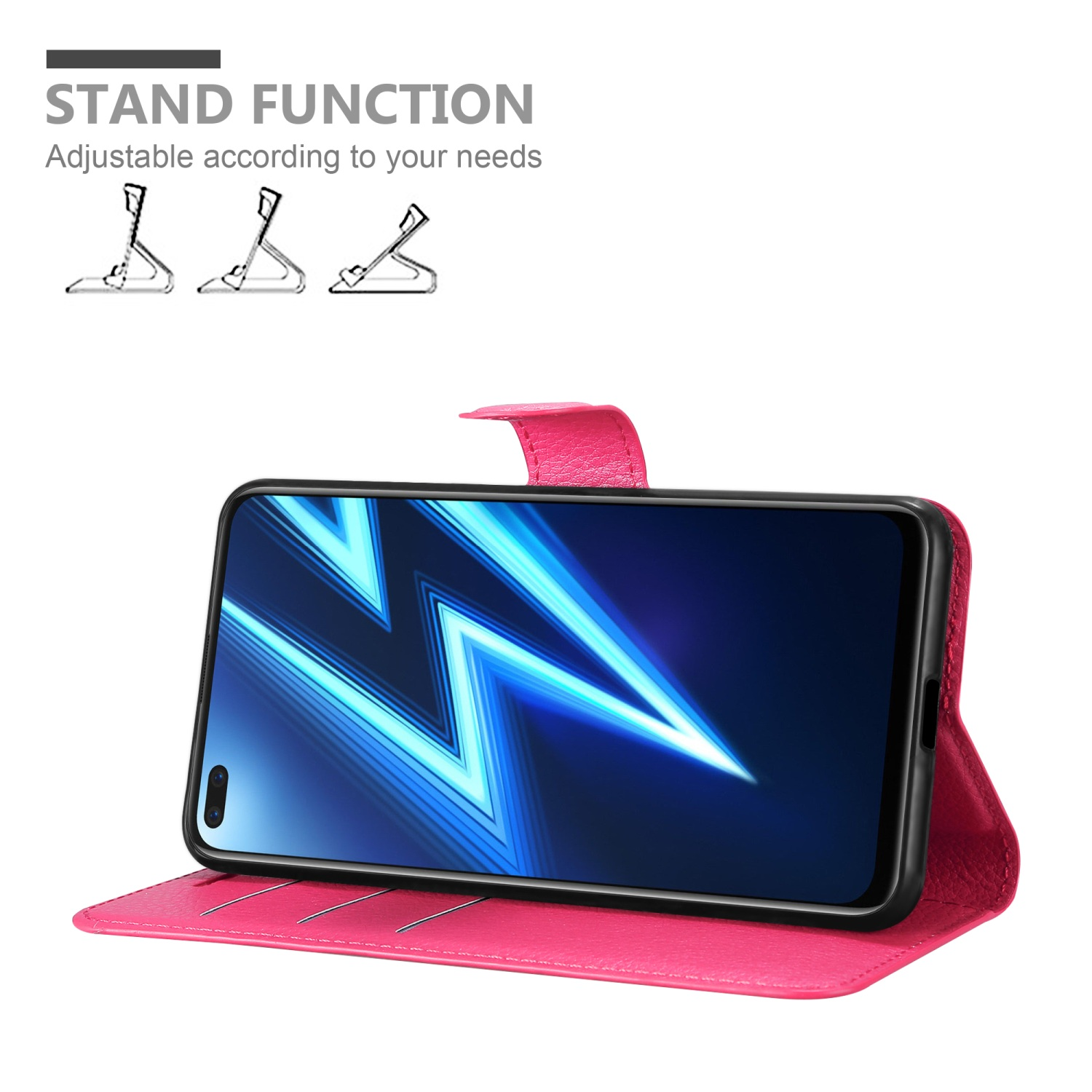 Custodia rosa con telefono in supporto. Lo schermo mostra sfondo blu e bianco.